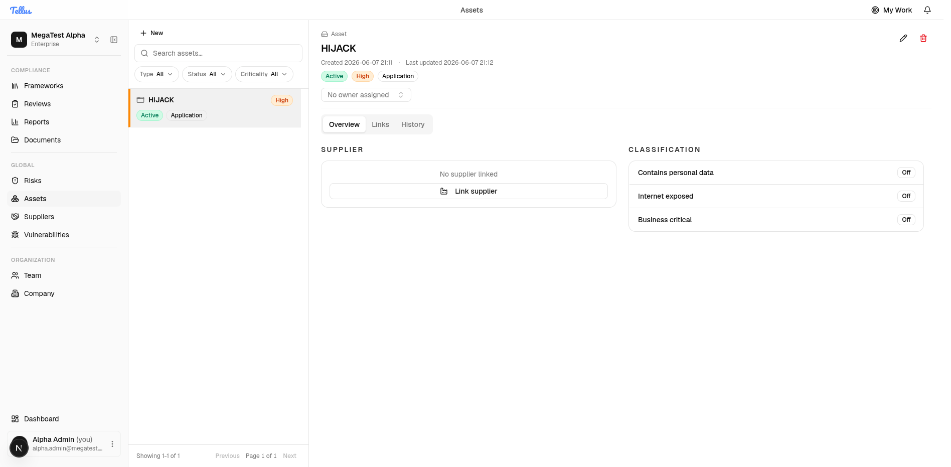 The asset register split view
