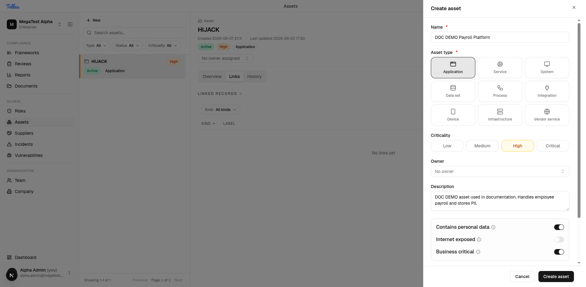 The Create asset drawer filled in, with classification switches set