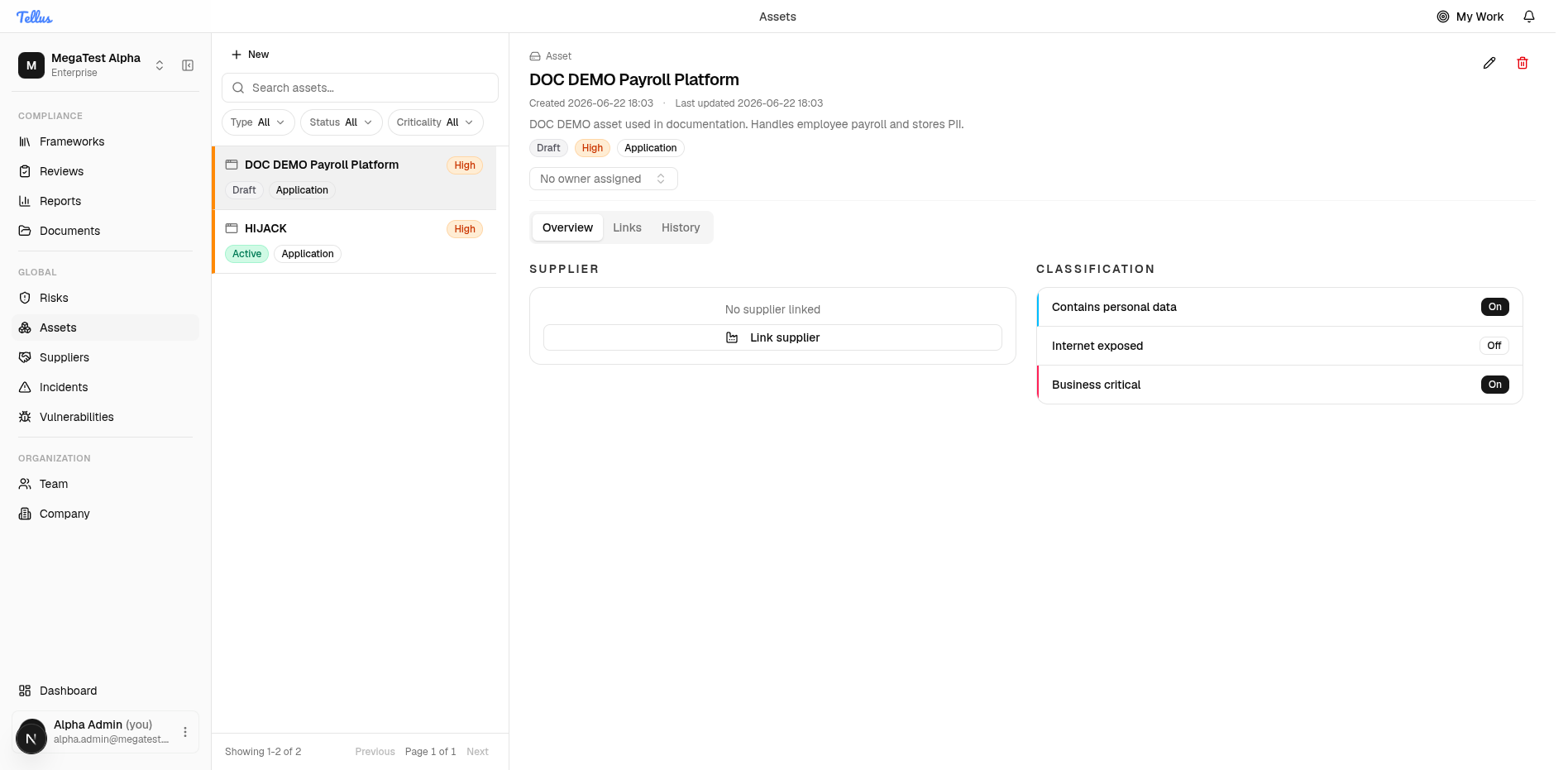Asset Overview tab showing the Classification card