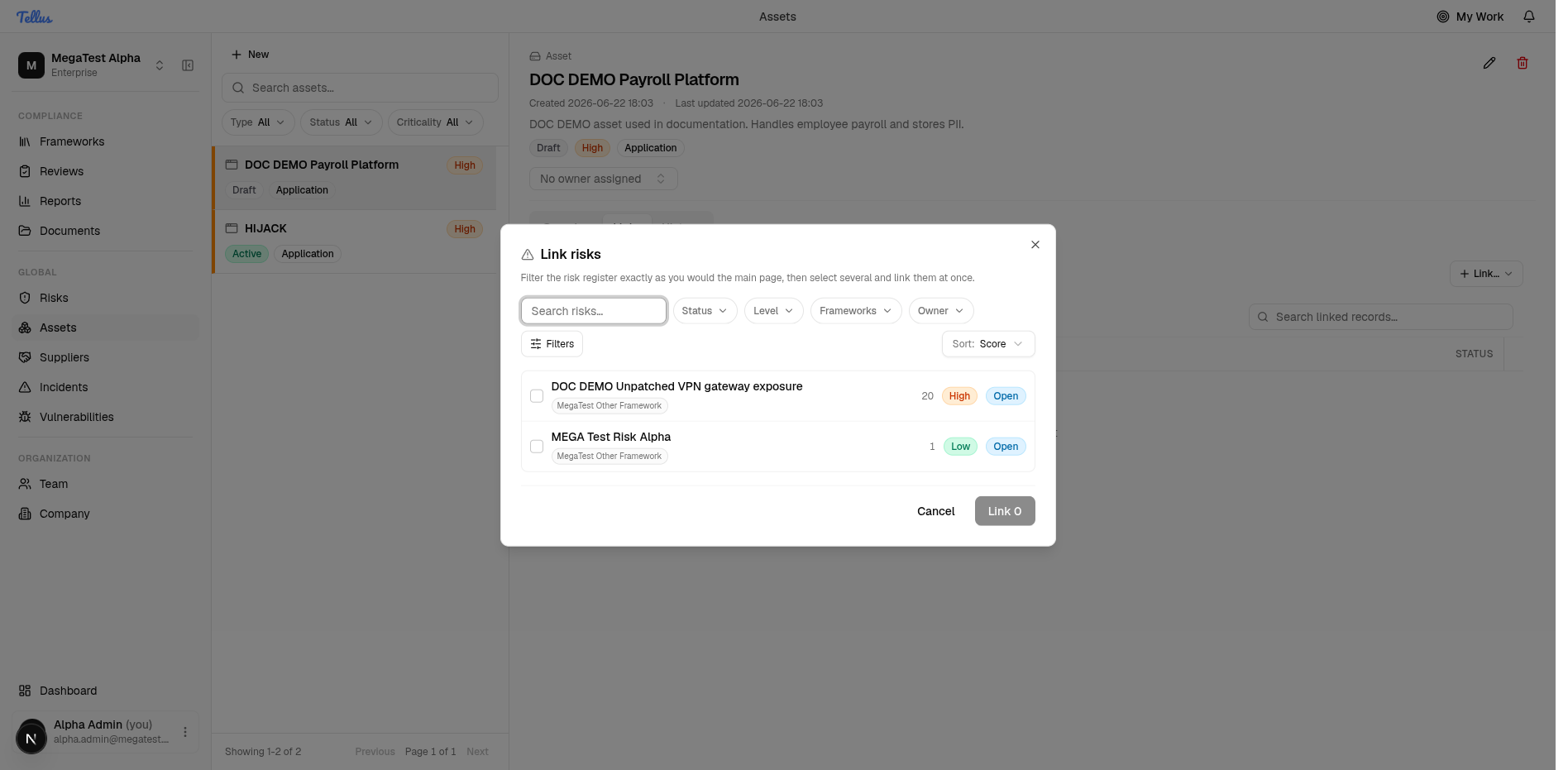 The Link risks picker opened from the Links tab