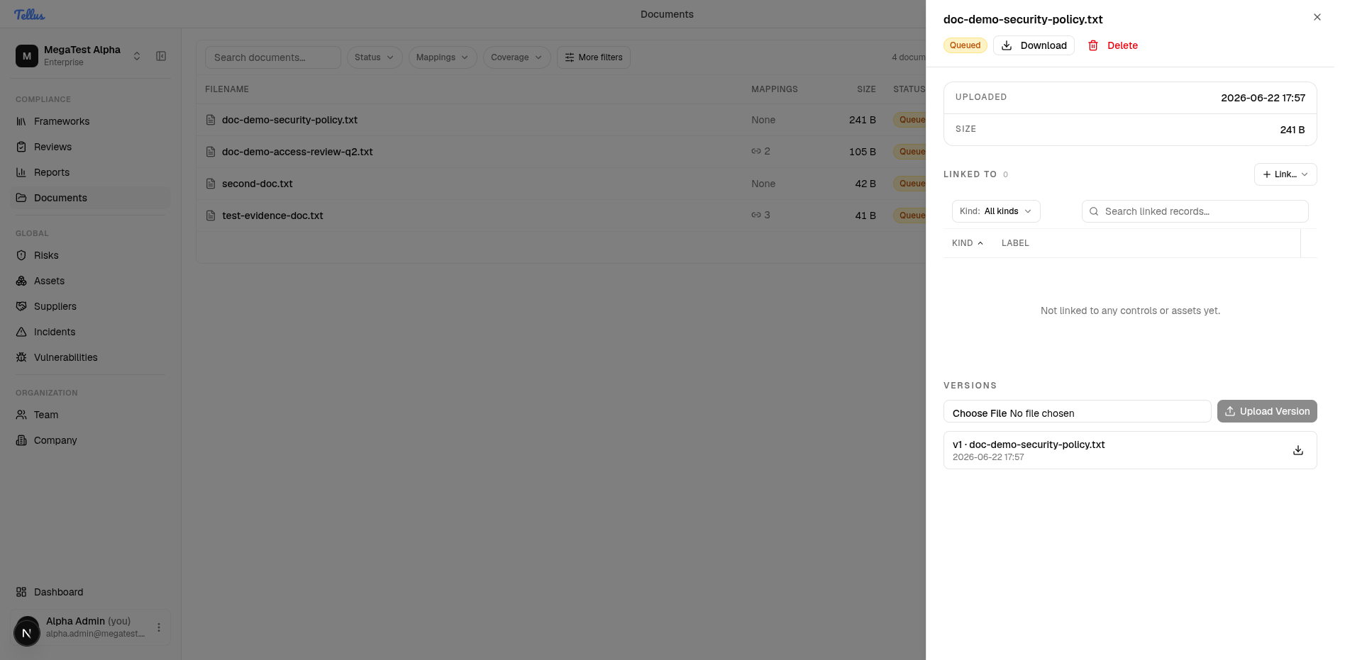 Document detail before any links — Linked to 0 and an empty records list