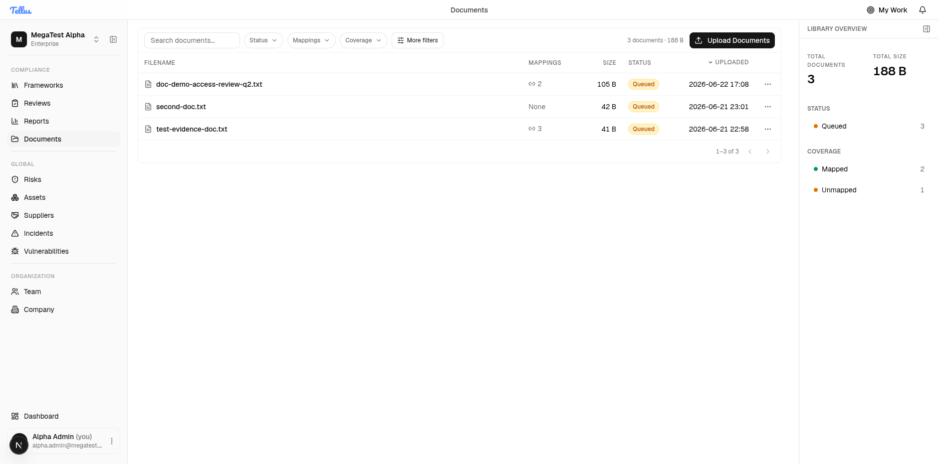 Documents library with the table and live Library overview panel