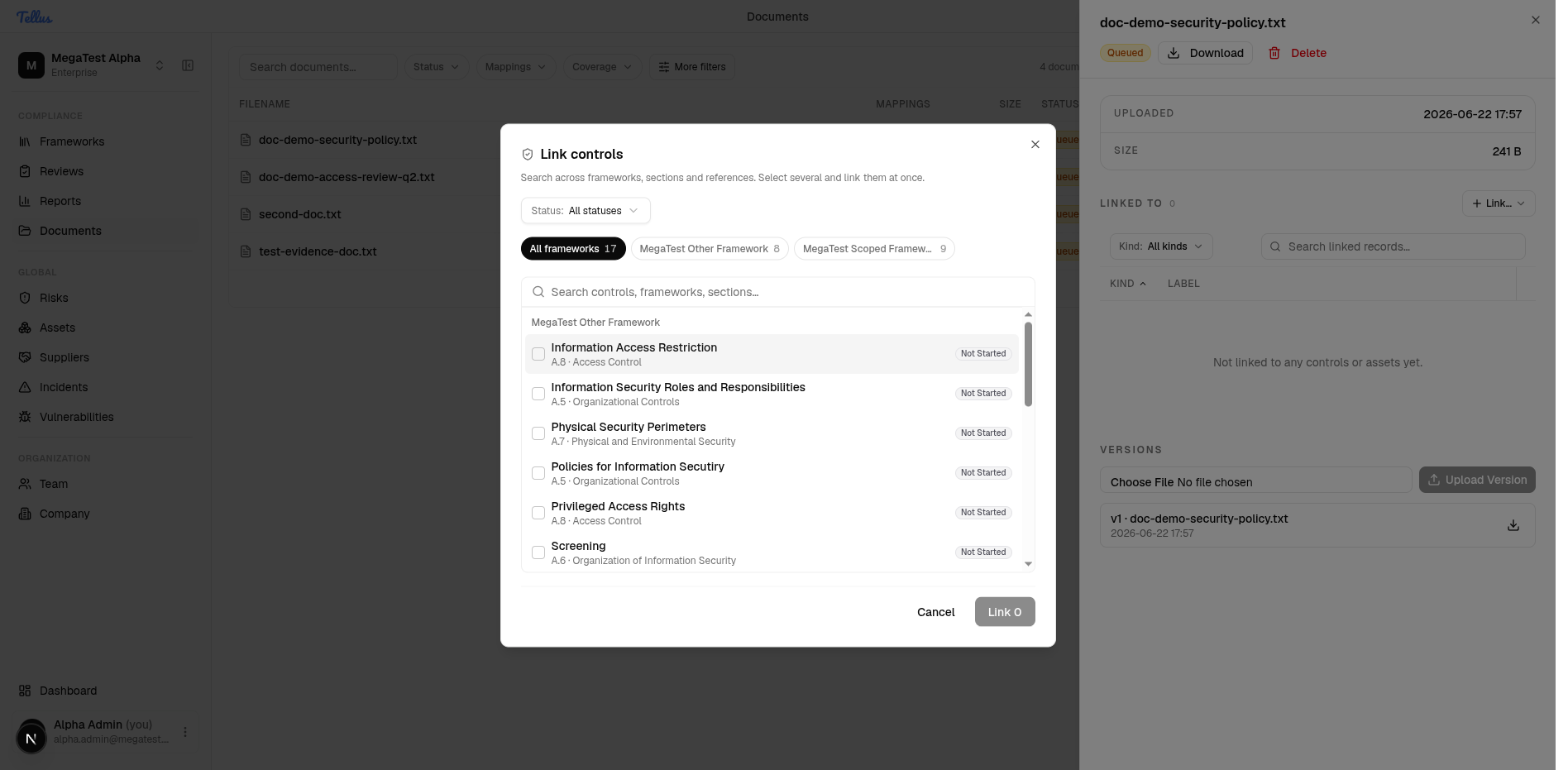 The Link controls picker with framework tabs, search, and grouped controls