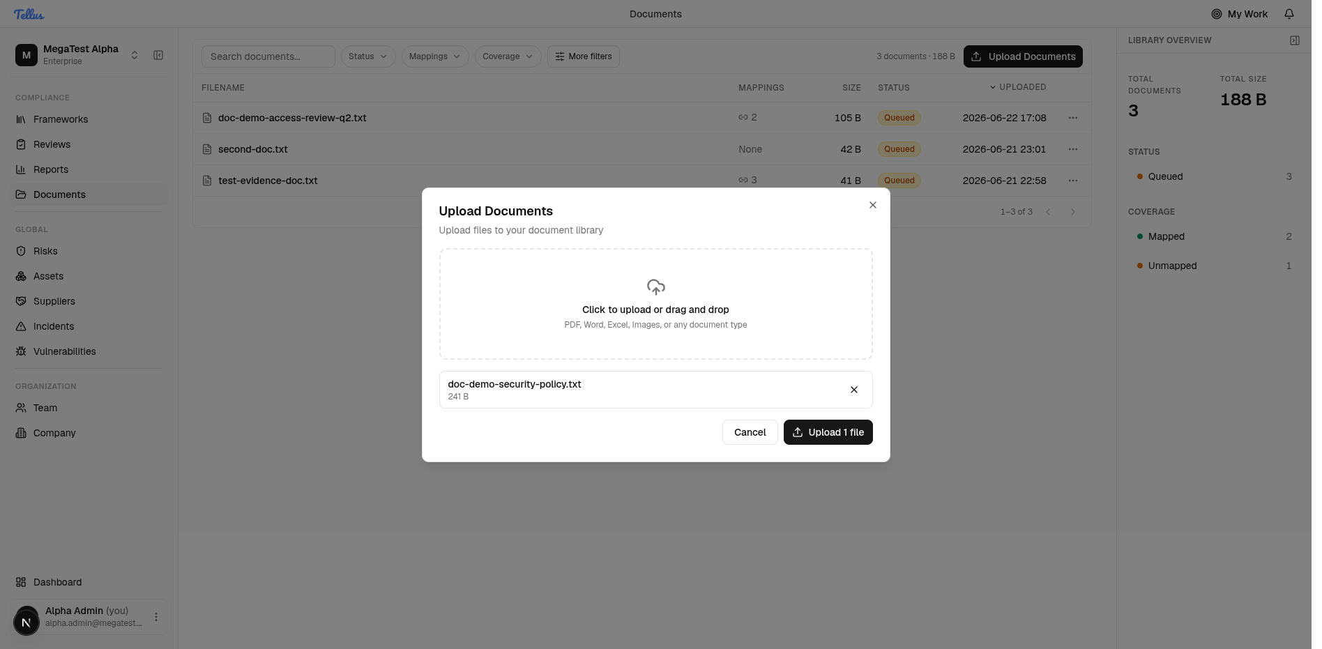 Upload dialog with a file staged and the footer button enabled