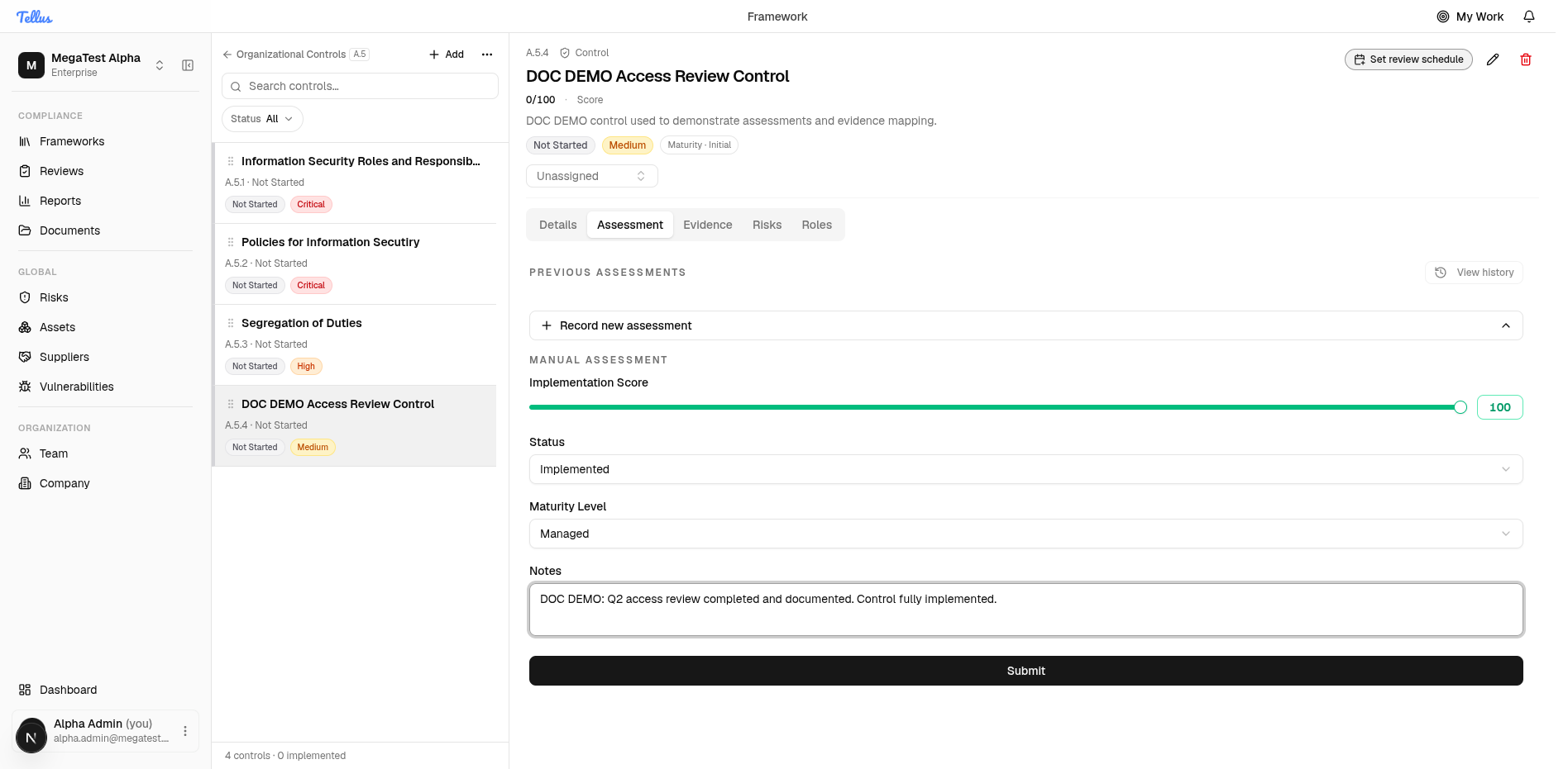 The manual assessment form with score, status, maturity, and notes