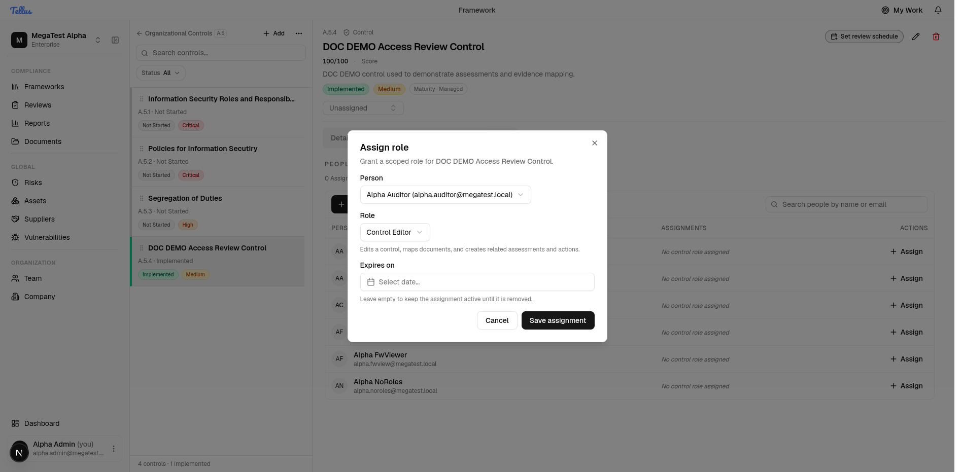 The Assign role dialog scoped to a control