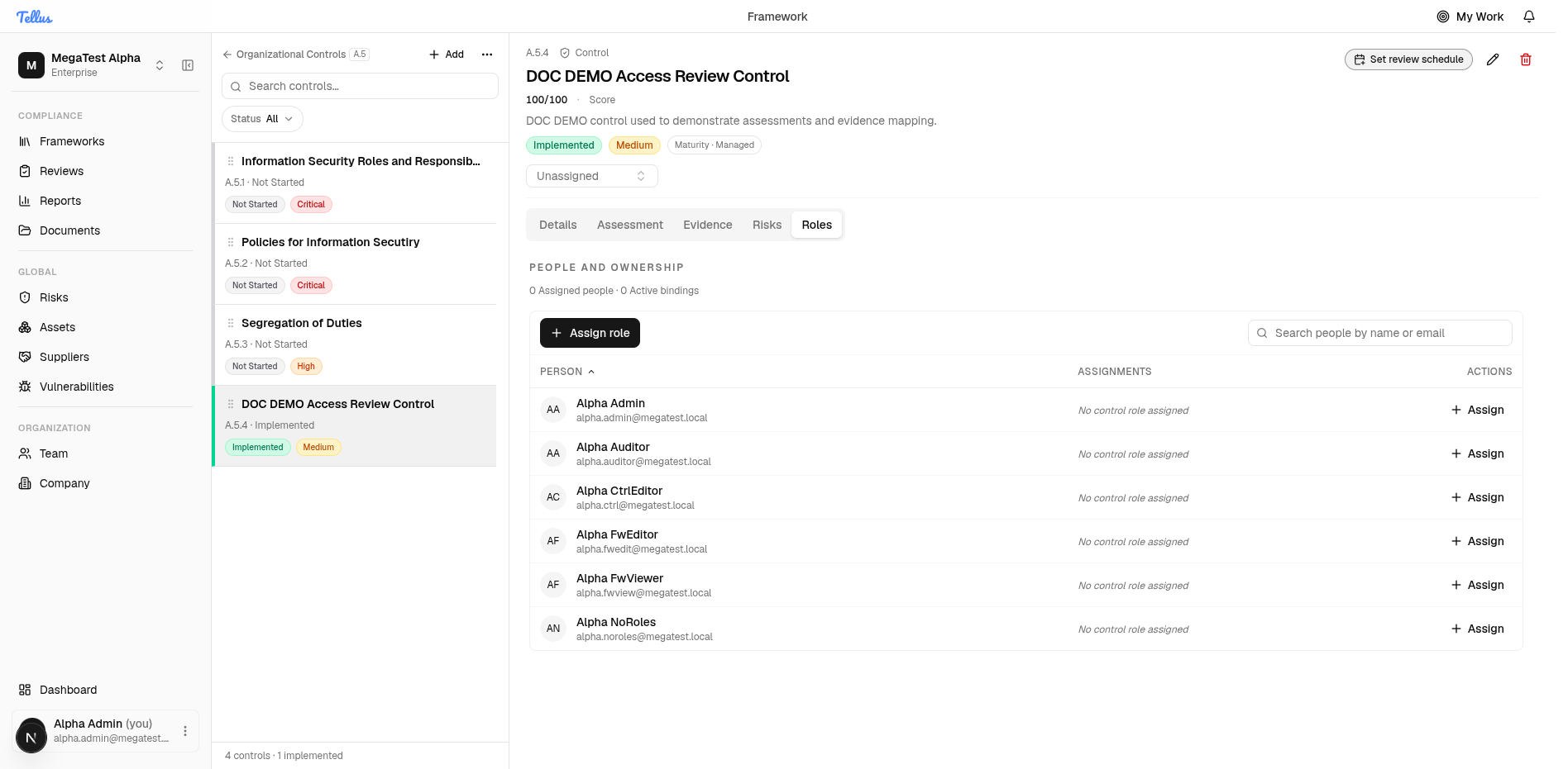 The control Roles tab listing members with assign buttons