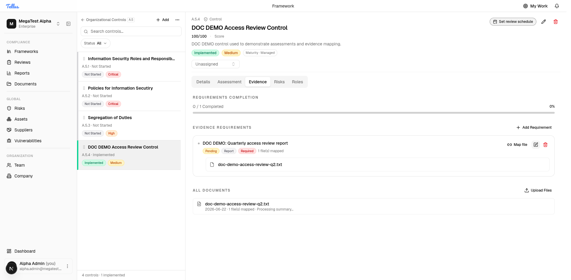 An evidence requirement with a mapped document and the completion bar still at 0 of 1