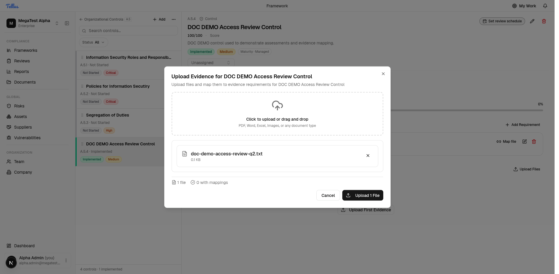 The upload evidence dialog with a staged file