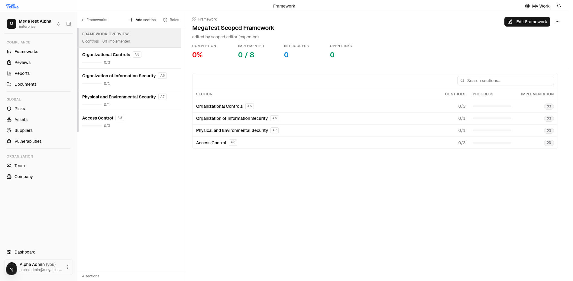 Framework detail with section navigator, progress panel, and sections table