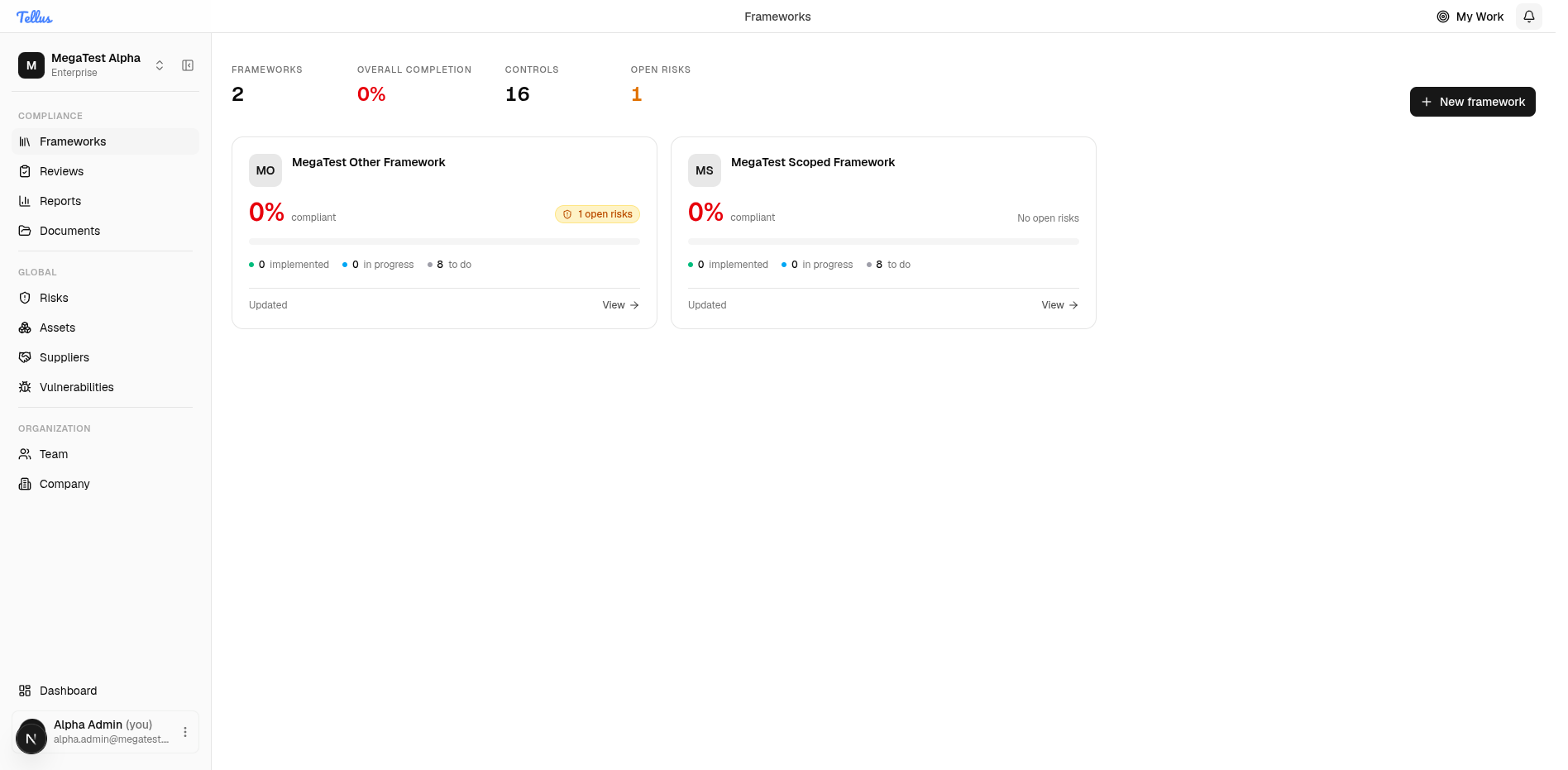 The Frameworks list with portfolio summary and per-framework implementation cards