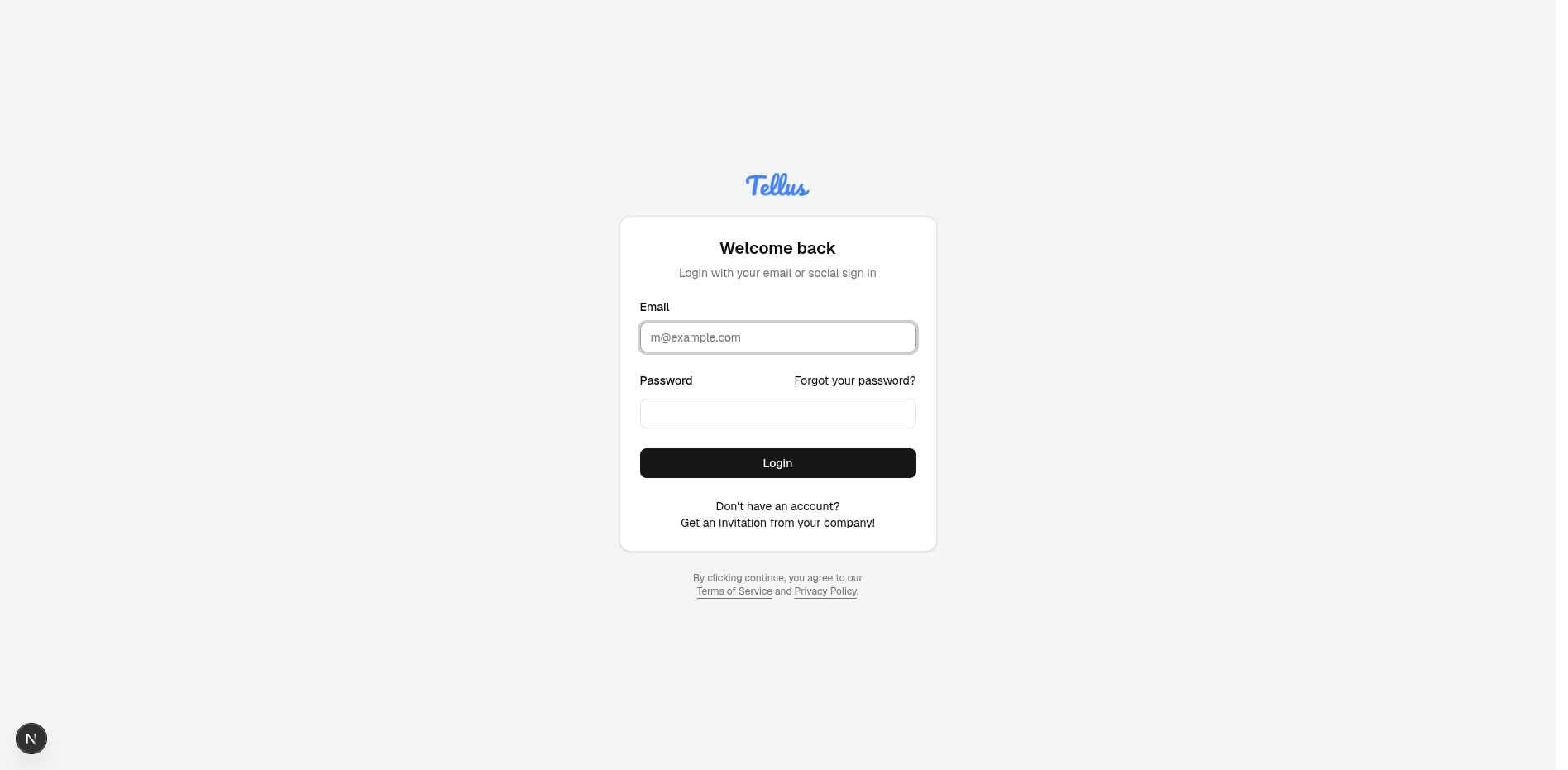 The Tellus login screen