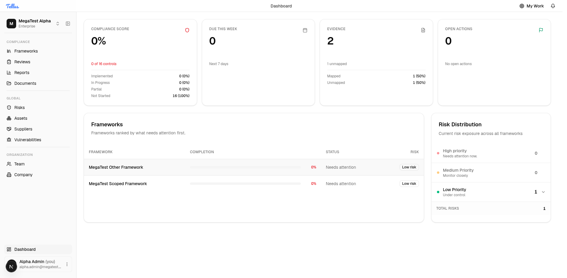The Tellus dashboard after signing in