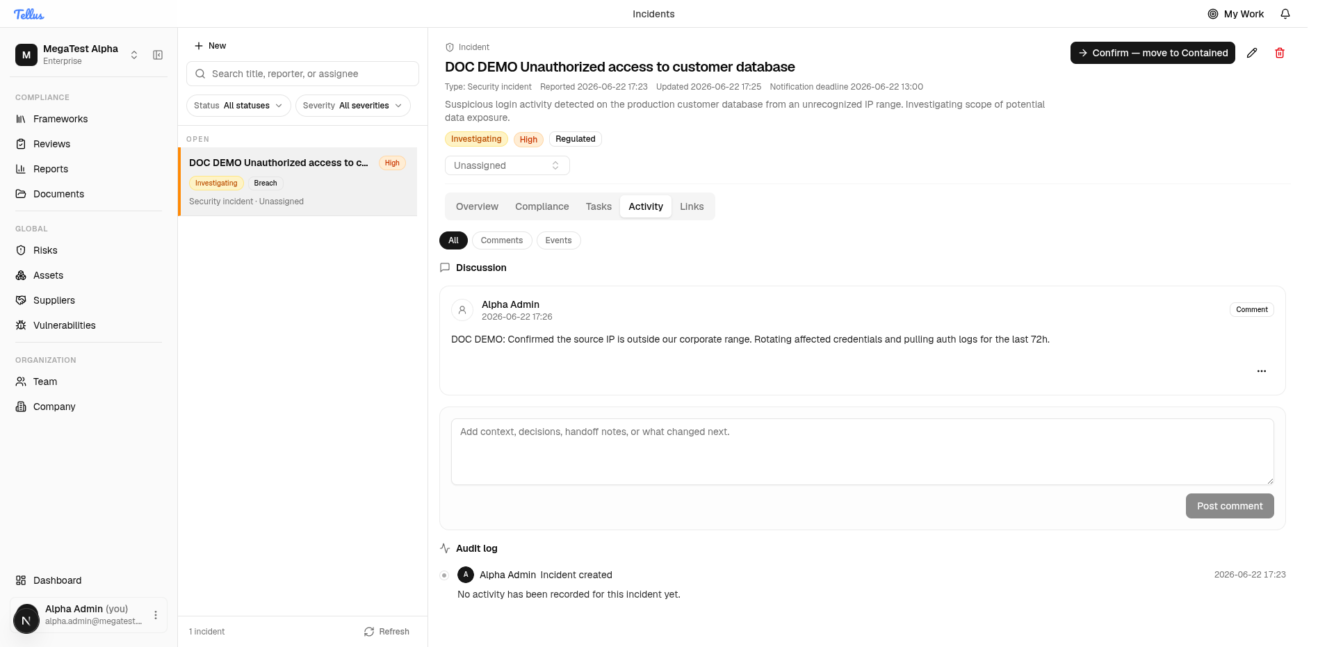 Activity tab with a posted discussion comment and the audit log
