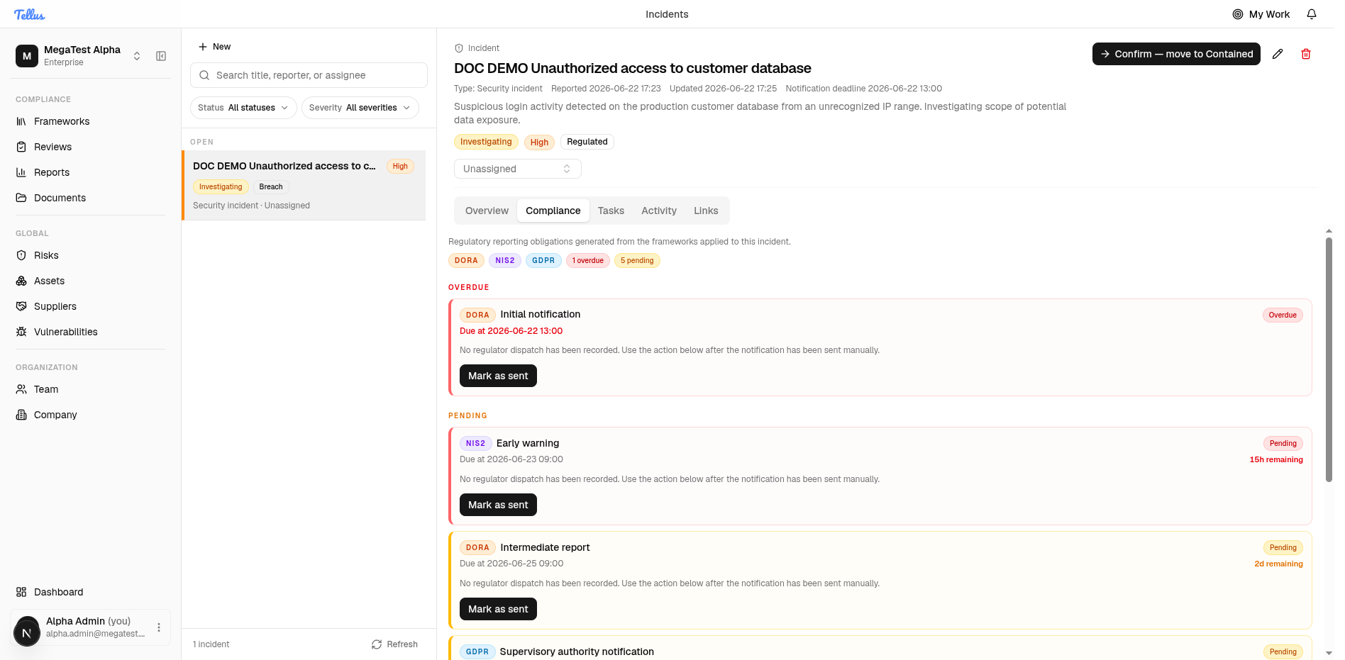 Compliance tab with obligations grouped by state and Mark as sent actions