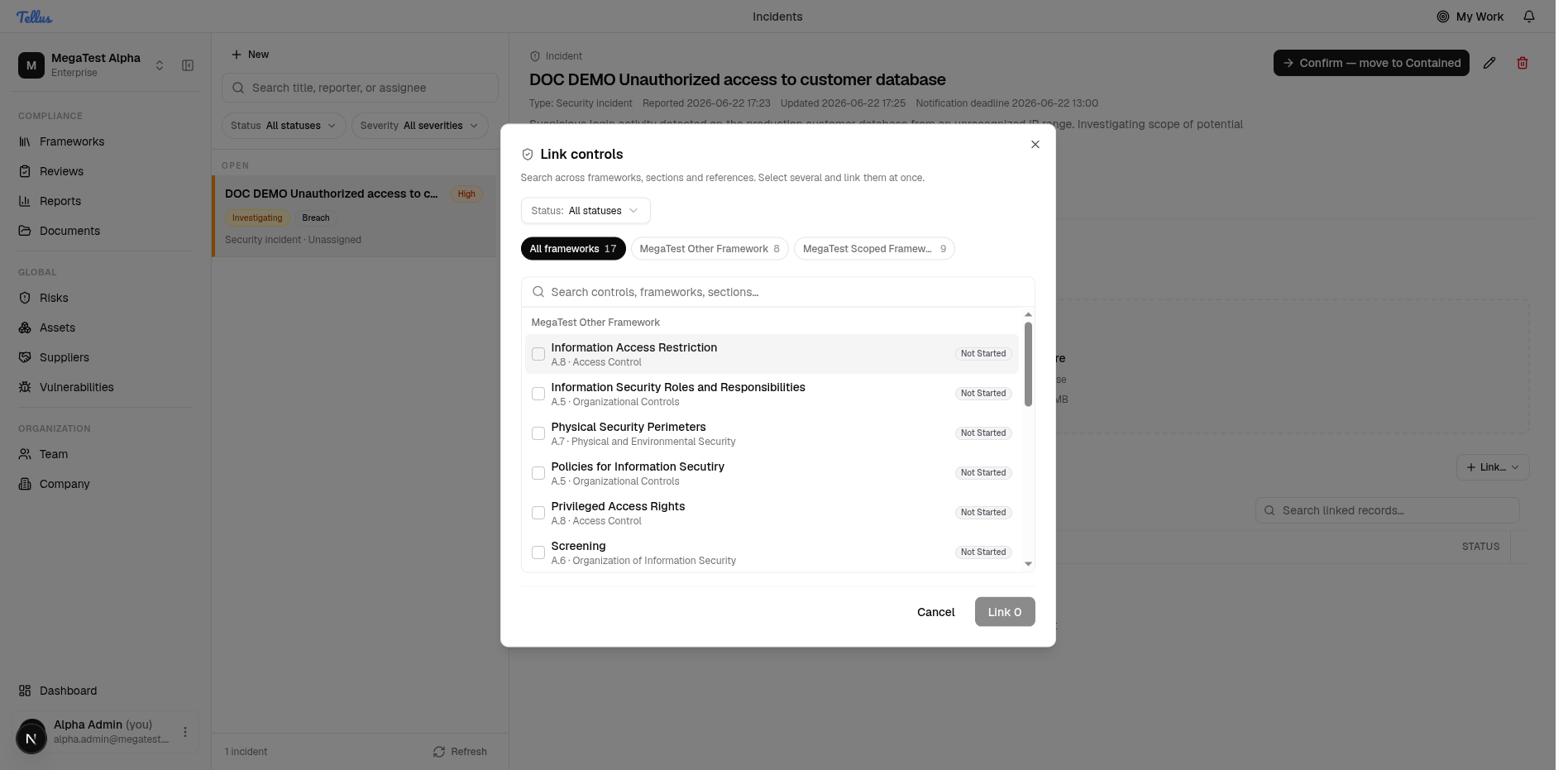 Link controls picker with framework tabs, status filter, and grouped control list