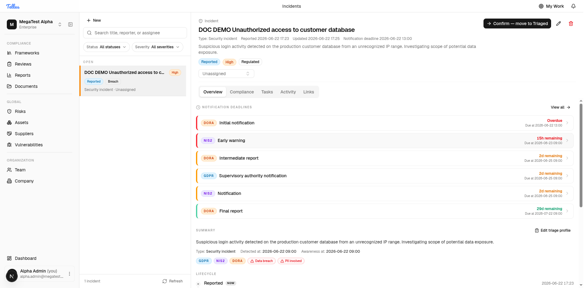Notification deadlines panel on the Overview tab with live countdowns