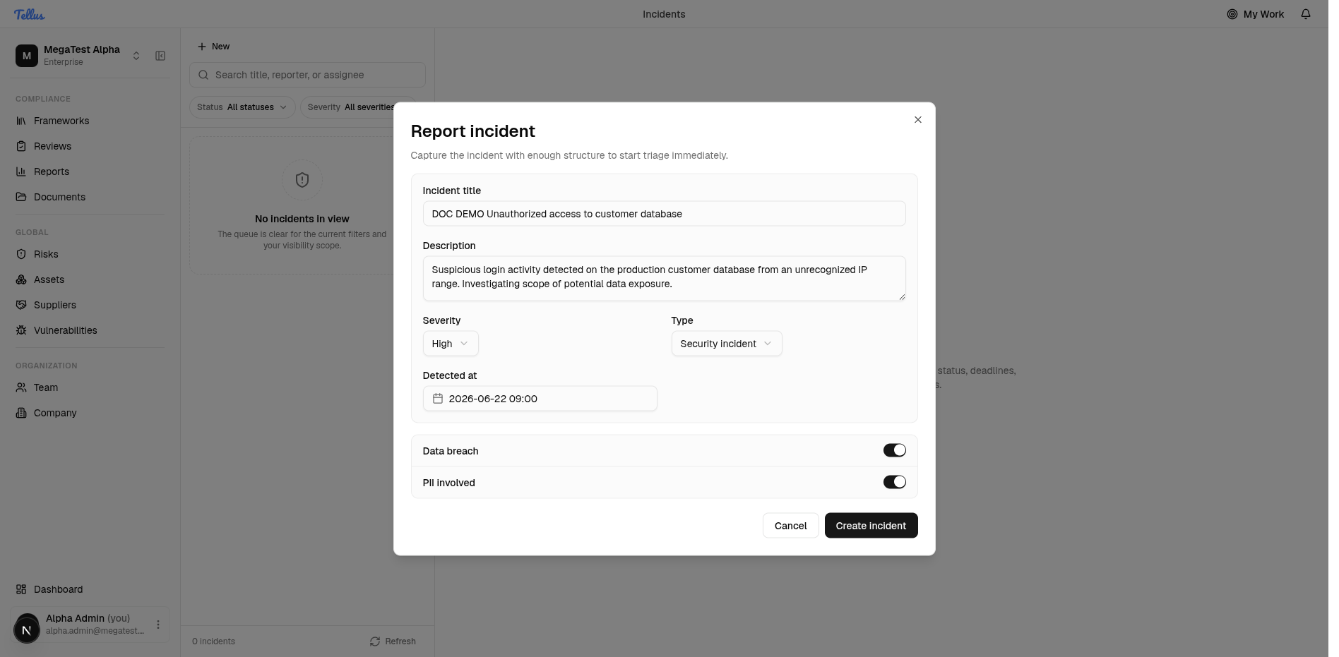 The Report incident dialog with all base fields filled
