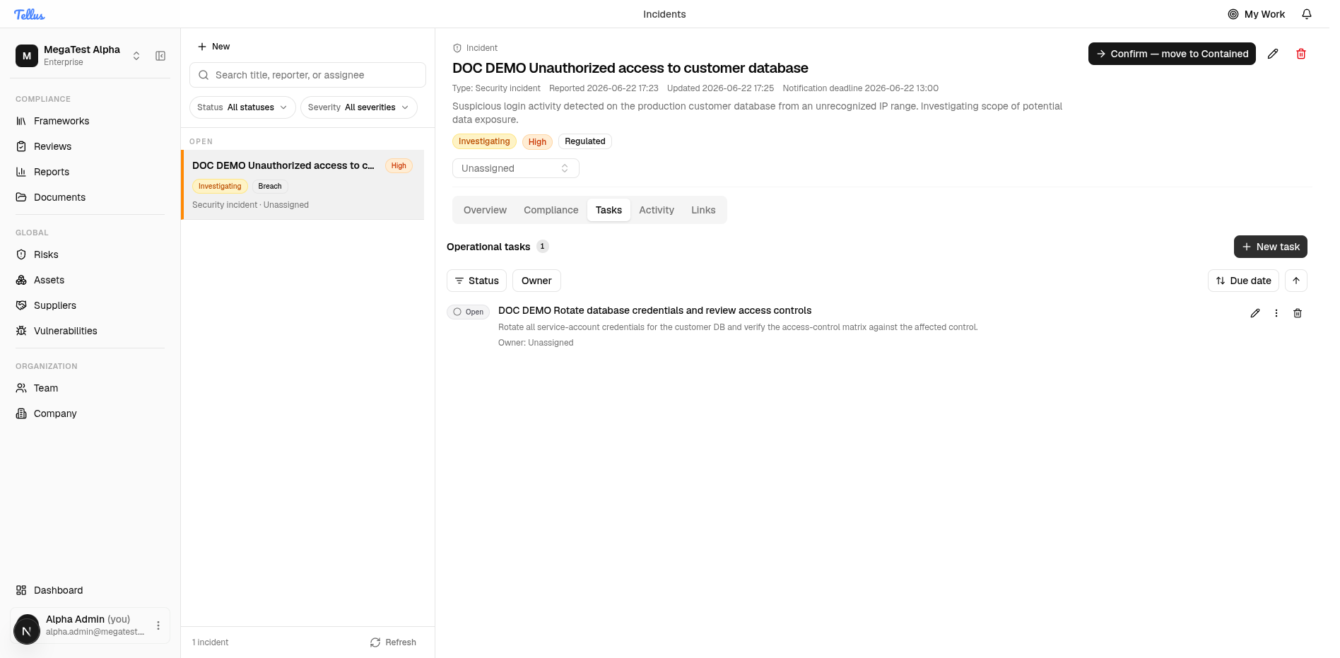 Tasks tab showing the created task with status toggle and row actions
