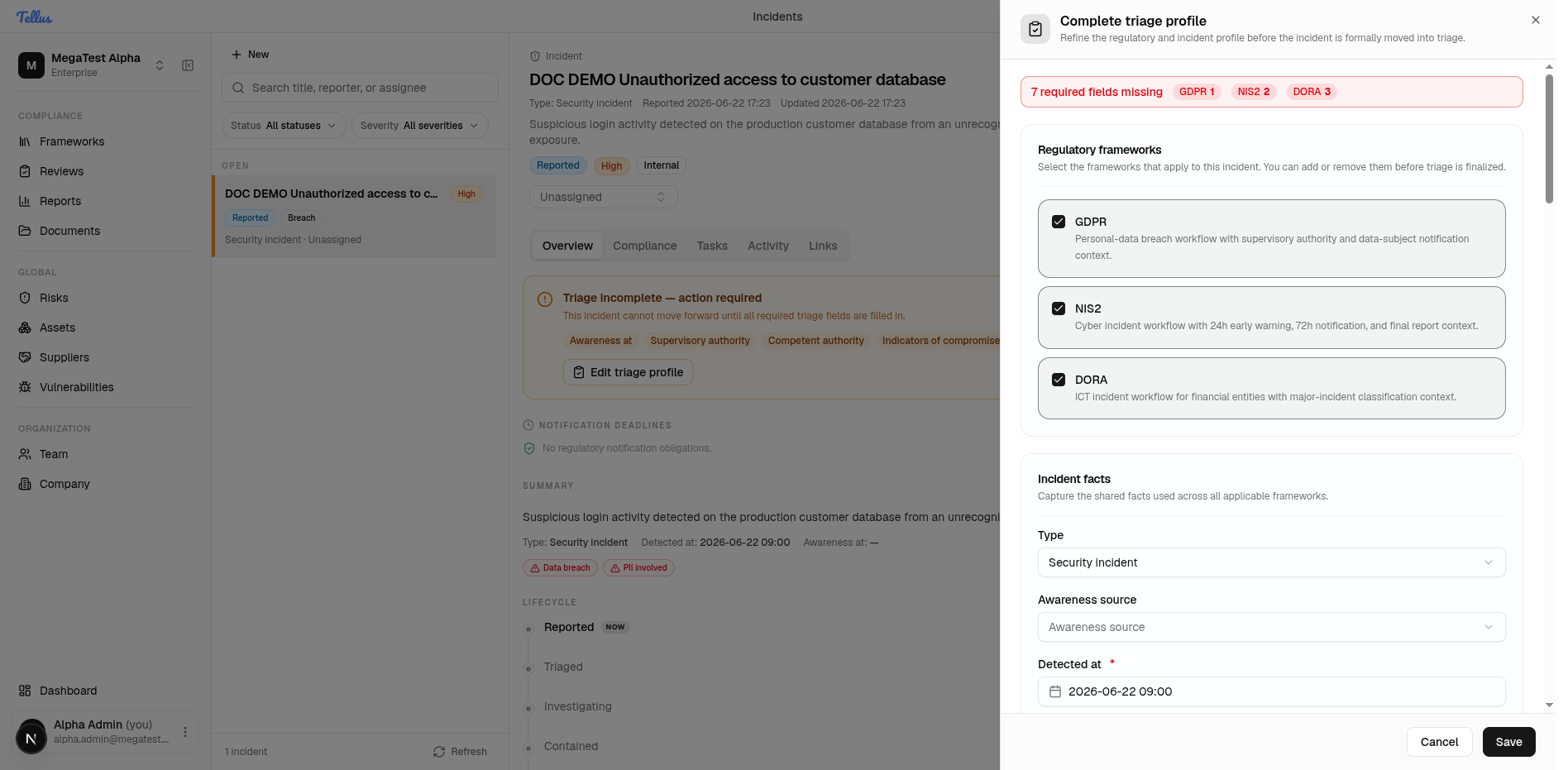 Complete triage profile dialog with frameworks, incident facts, and per-framework fields