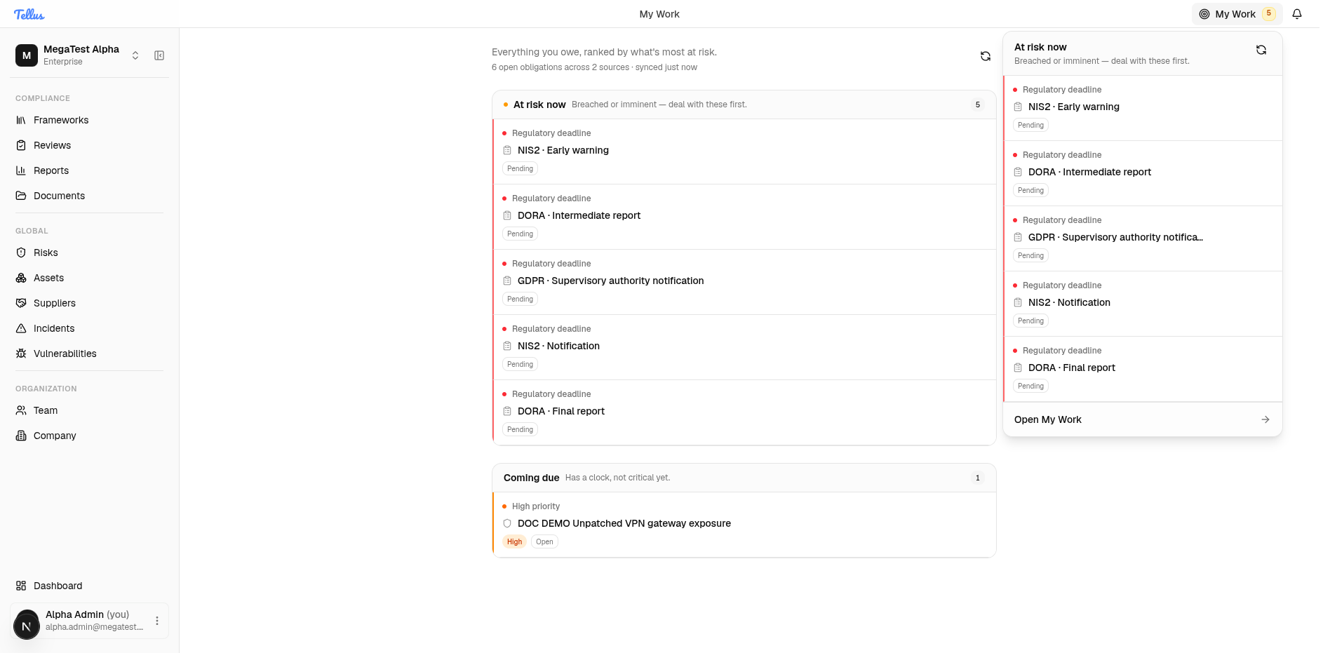 The My Work peek popover opened from the global header