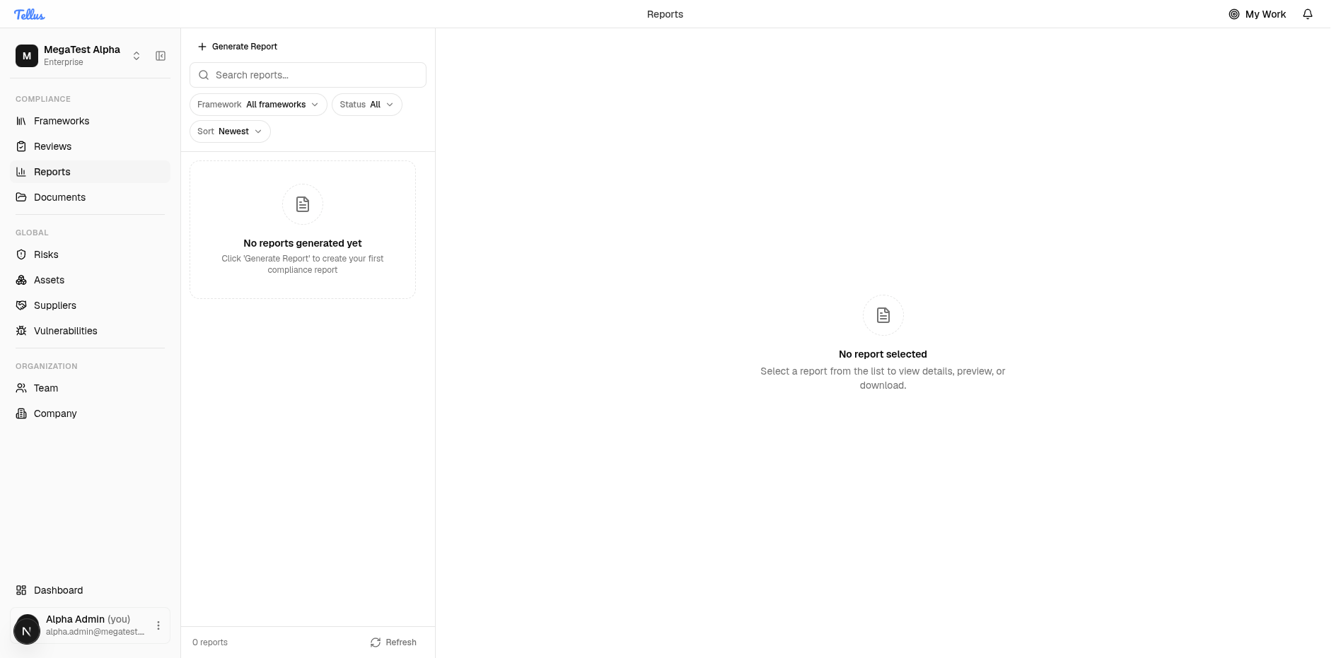 The Reports page: report list on the left, detail pane on the right