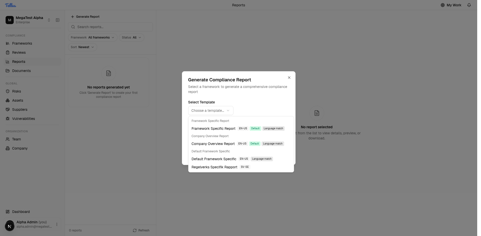 The template dropdown, grouped by type with locale variants