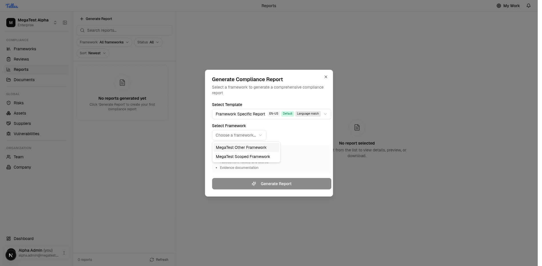 The Select Framework dropdown shown for framework templates