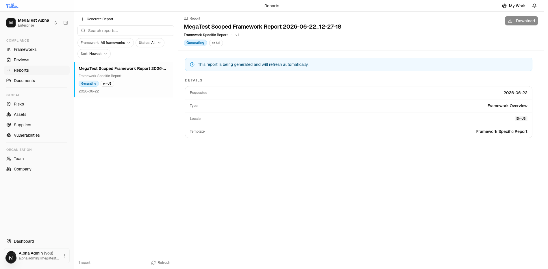 The report detail pane while a report is still generating
