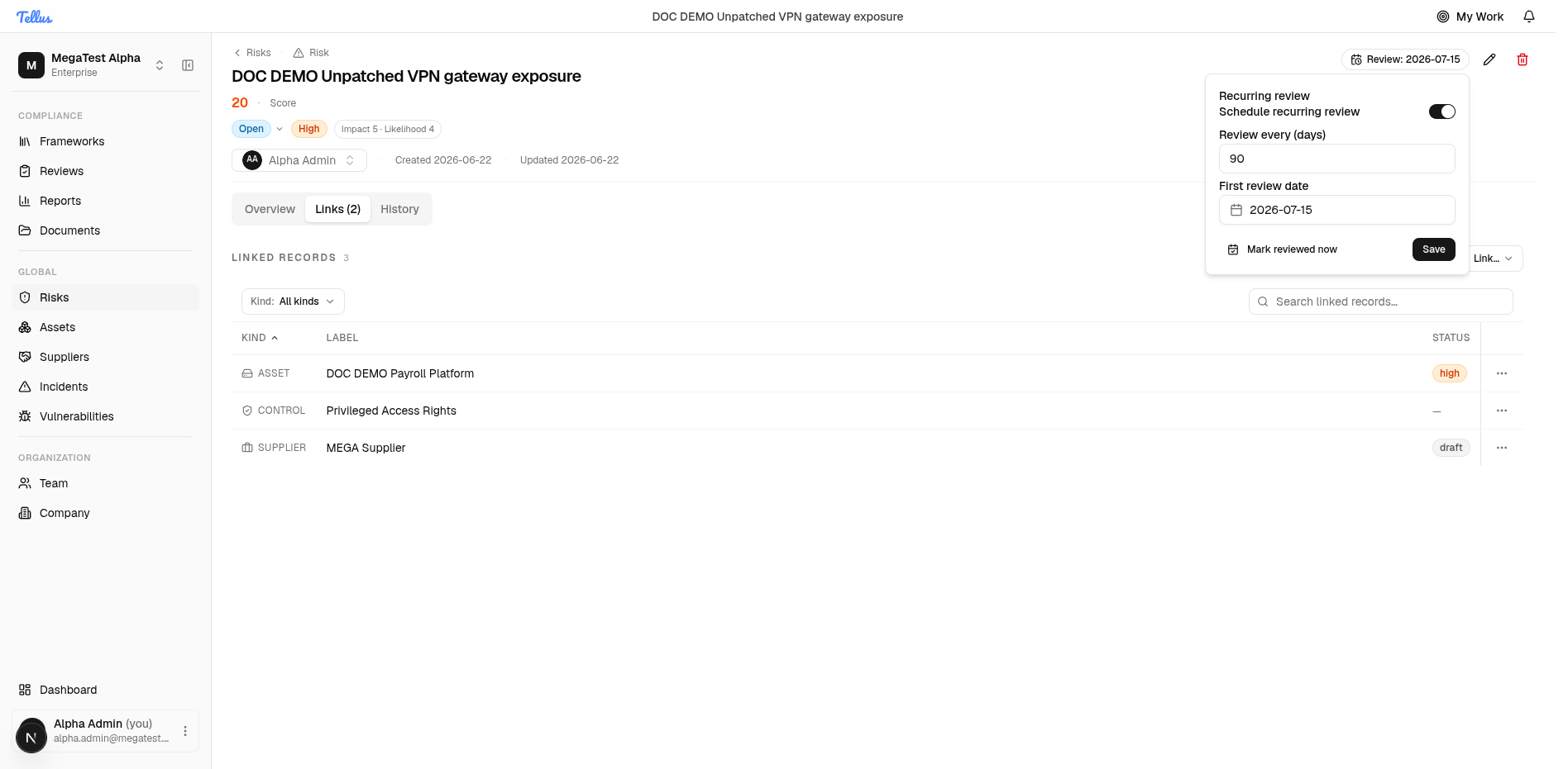 The Recurring review dialog on a risk