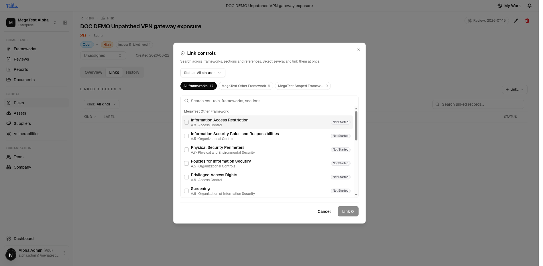 The dedicated control picker with framework tabs and a status filter