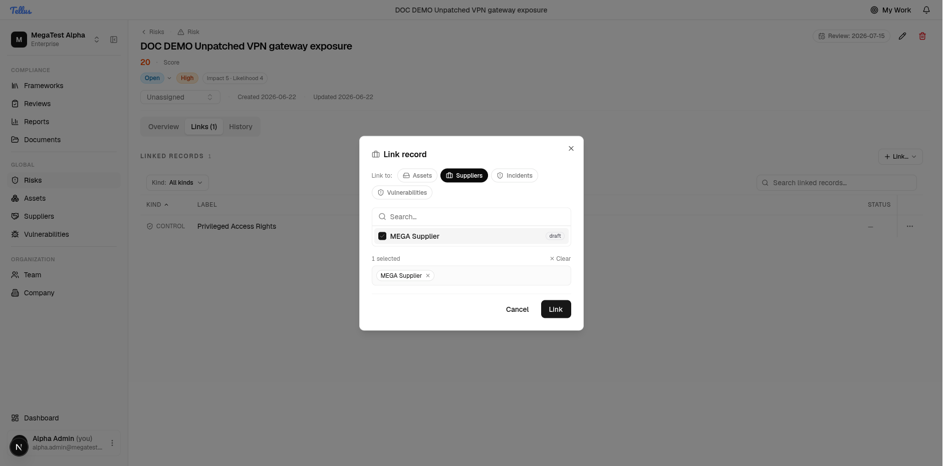 The unified Link record dialog linking a supplier