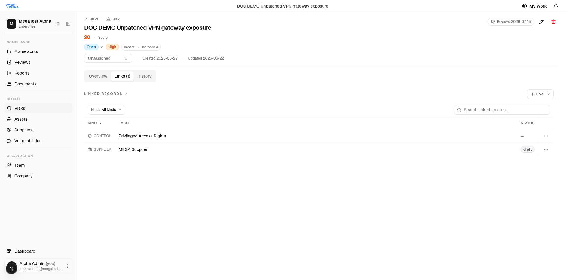 The Links tab after linking a control and a supplier