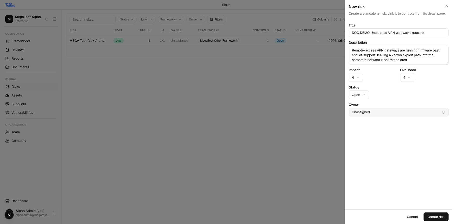 The New risk dialog filled in before submitting