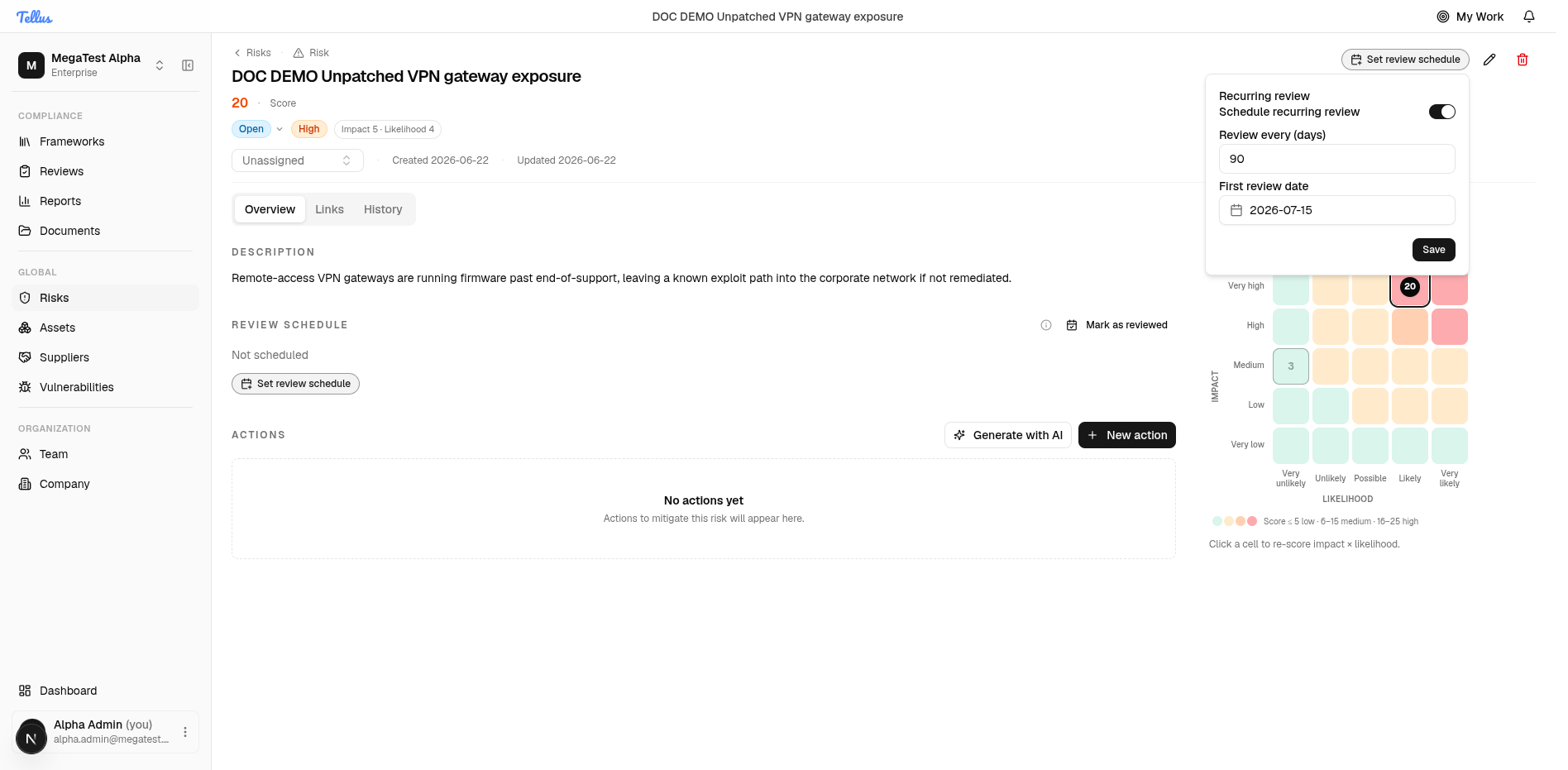 The recurring review dialog with a 90-day interval and a first review date set