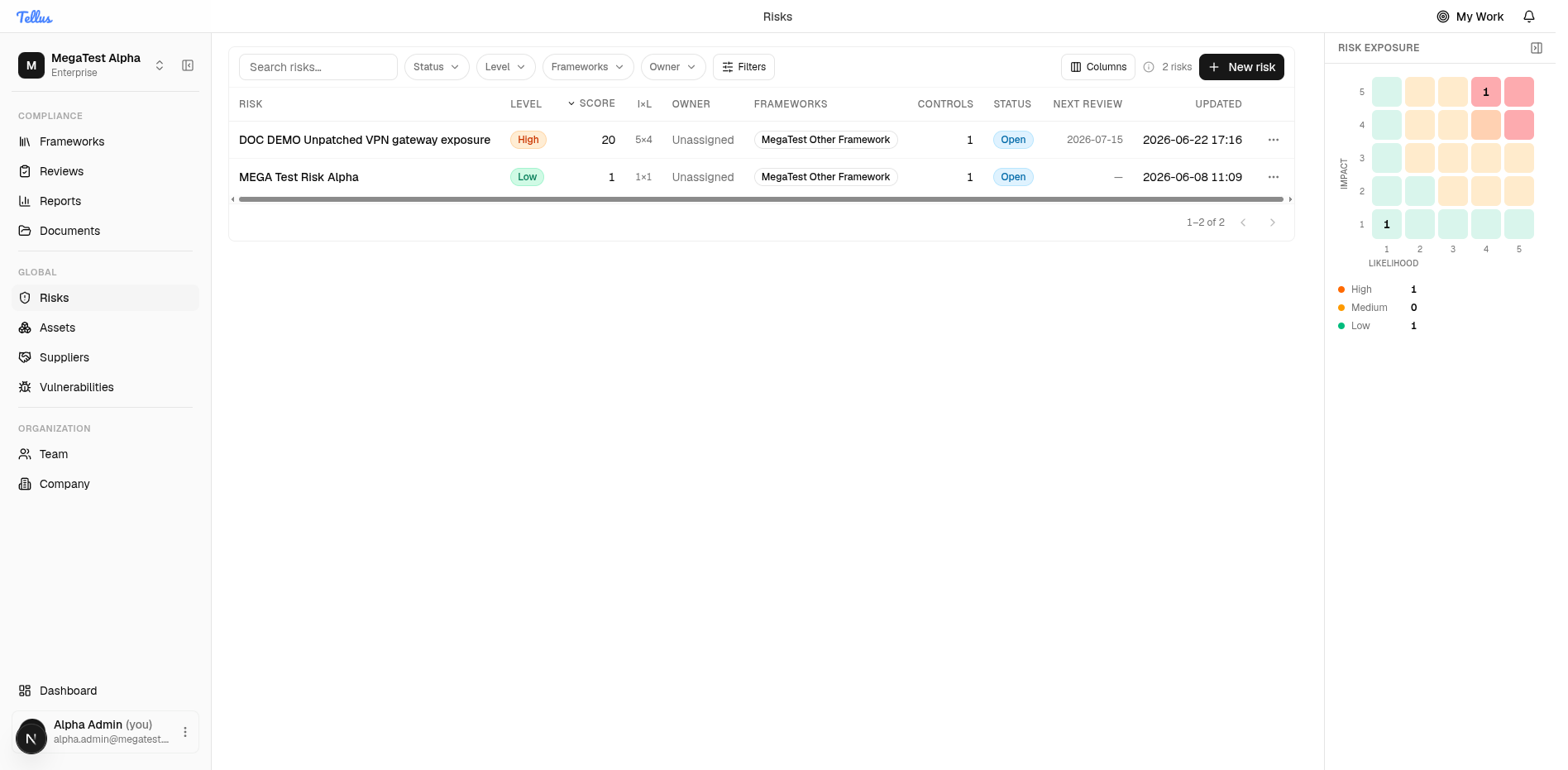 The risk register with the table, toolbar filters, and the exposure matrix