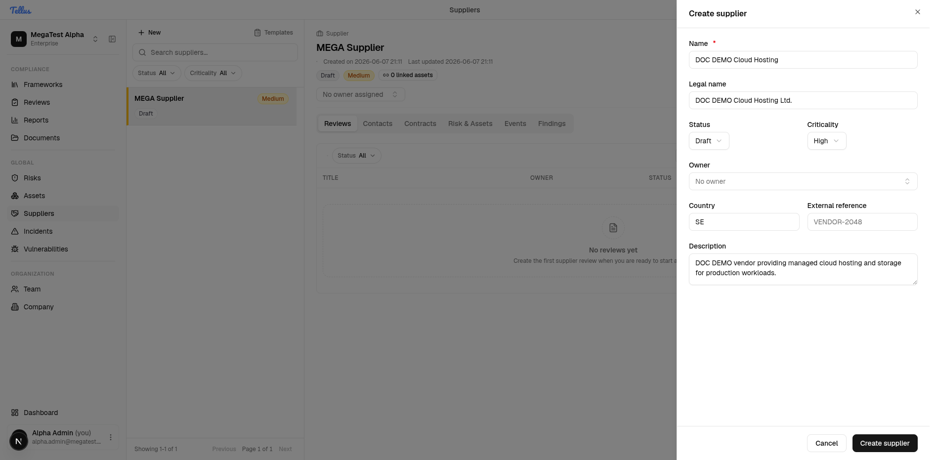 Create supplier slide-over filled in