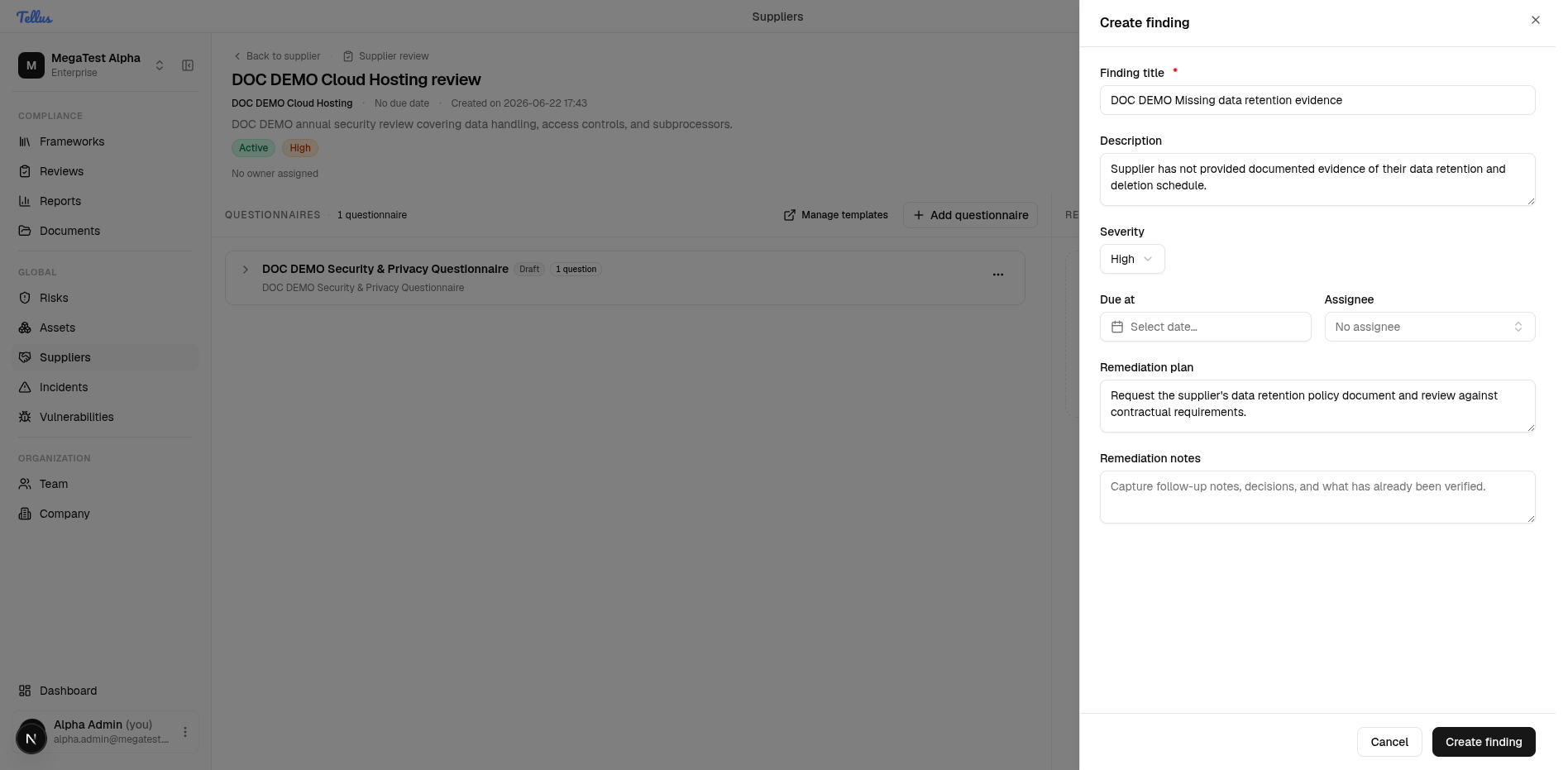 Create finding dialog