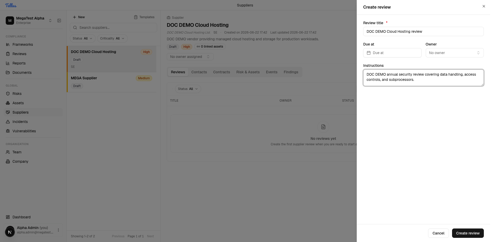 Create review dialog