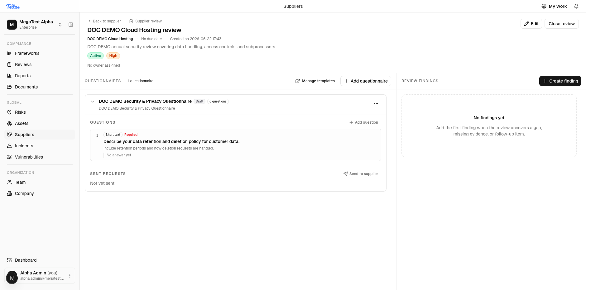 Review workspace with a questionnaire and question