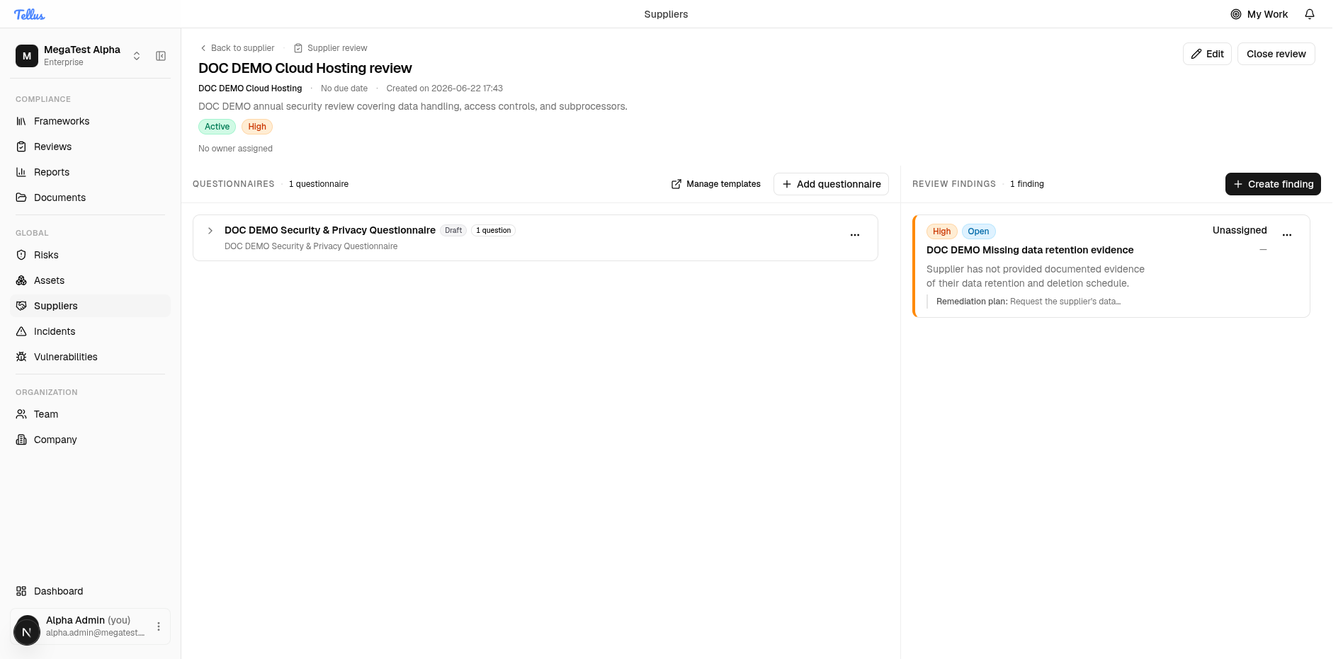 Review workspace after raising a finding