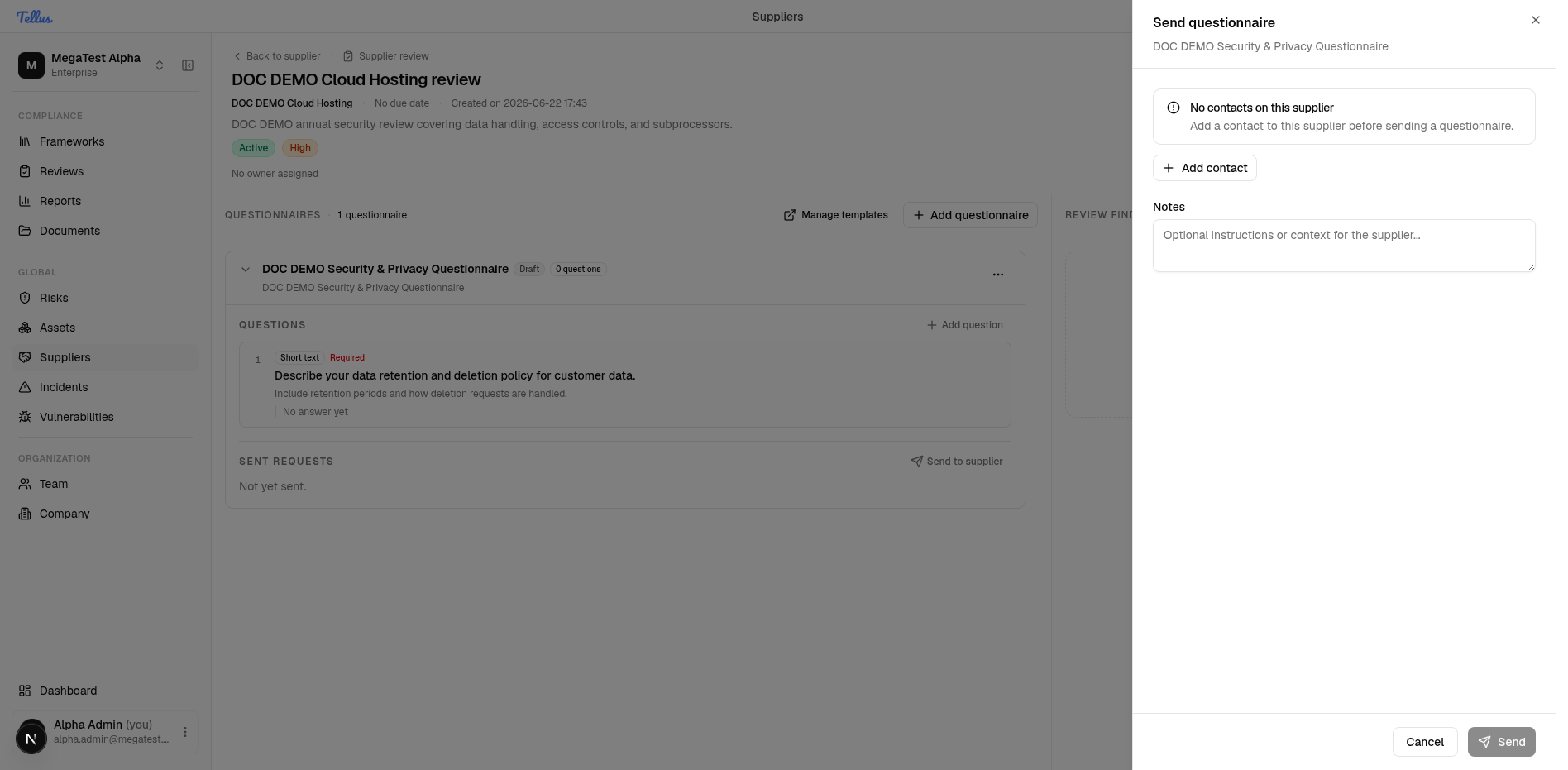 Sending a questionnaire requires a contact
