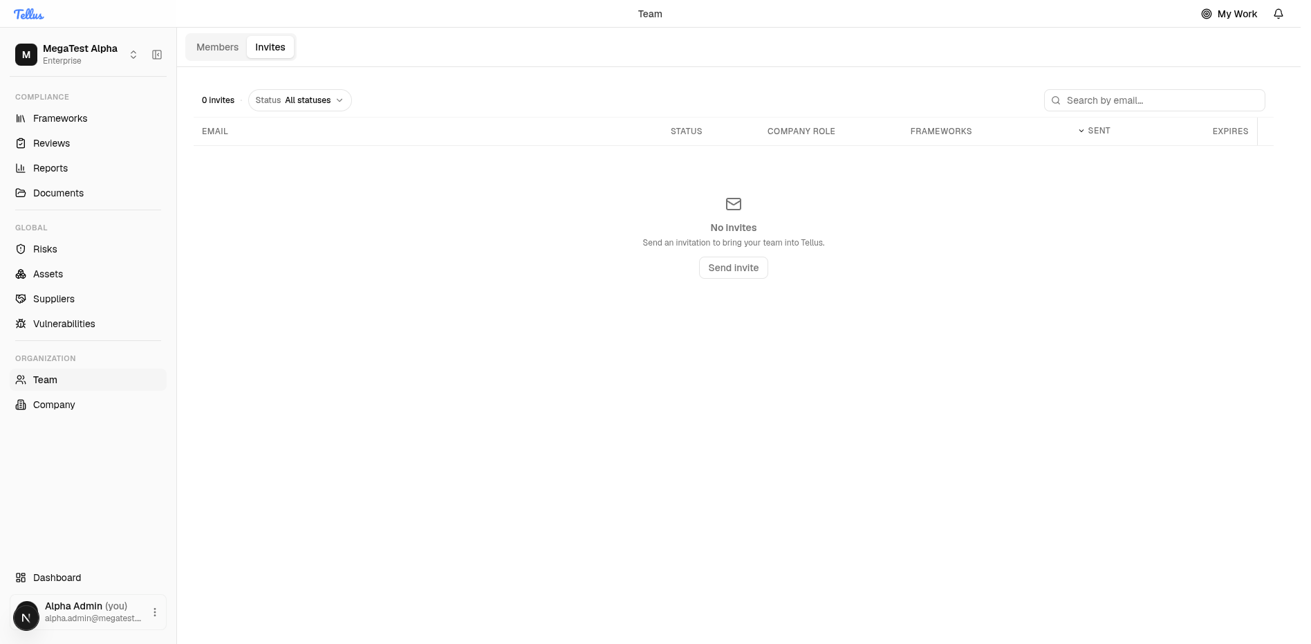 The Invites tab empty state with a Send invite shortcut