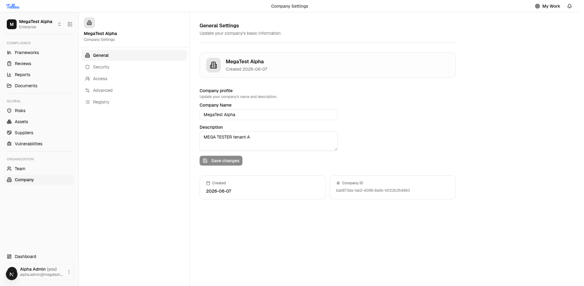 The Company Settings General tab with editable profile fields and read-only cards