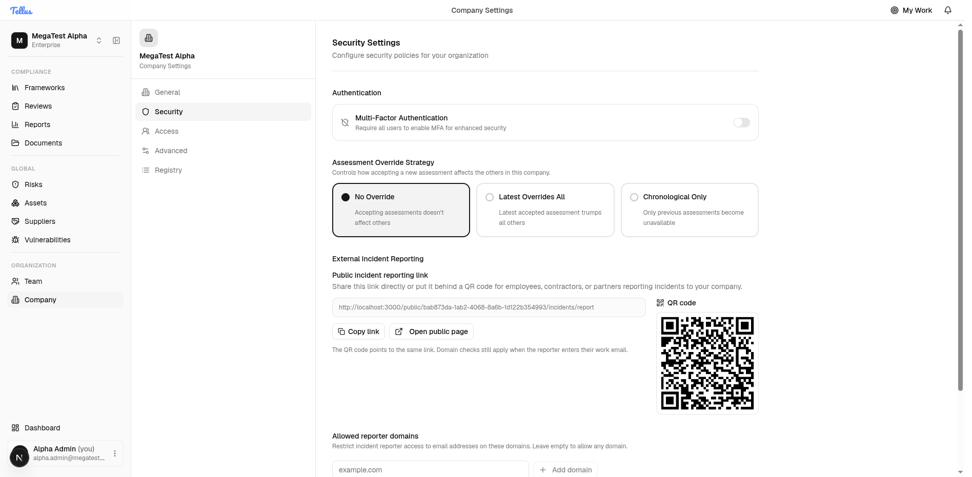 The Company Settings Security tab showing the MFA policy and related controls