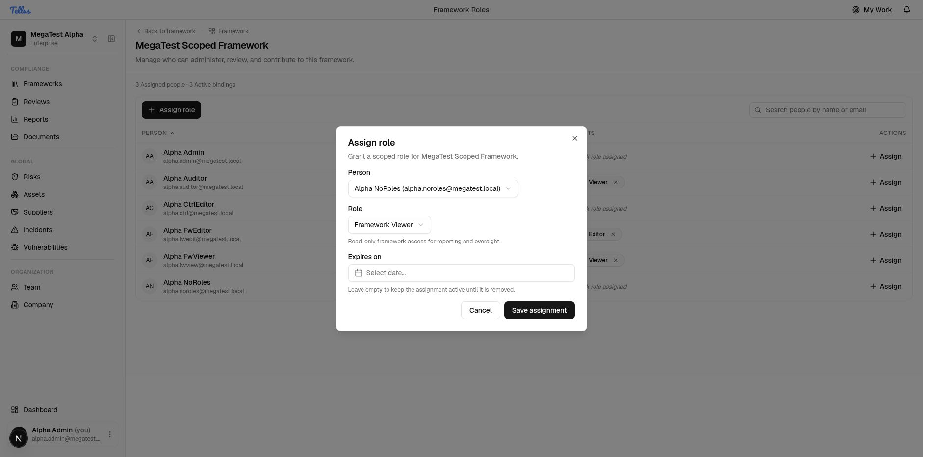 The Assign role dialog with a person, a framework role, and an optional expiry
