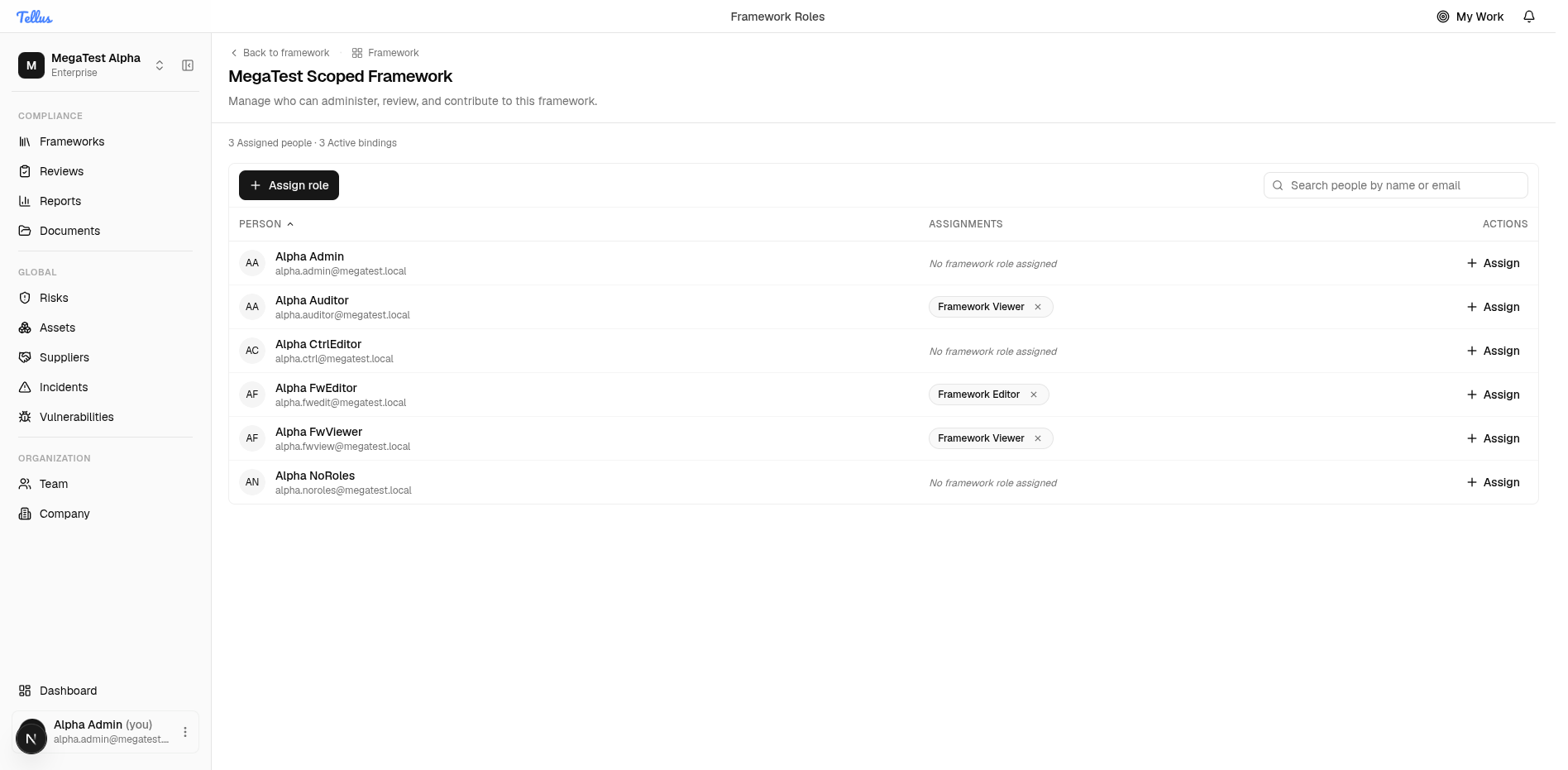 The Framework Roles page listing each member's scoped role with per-row Assign actions