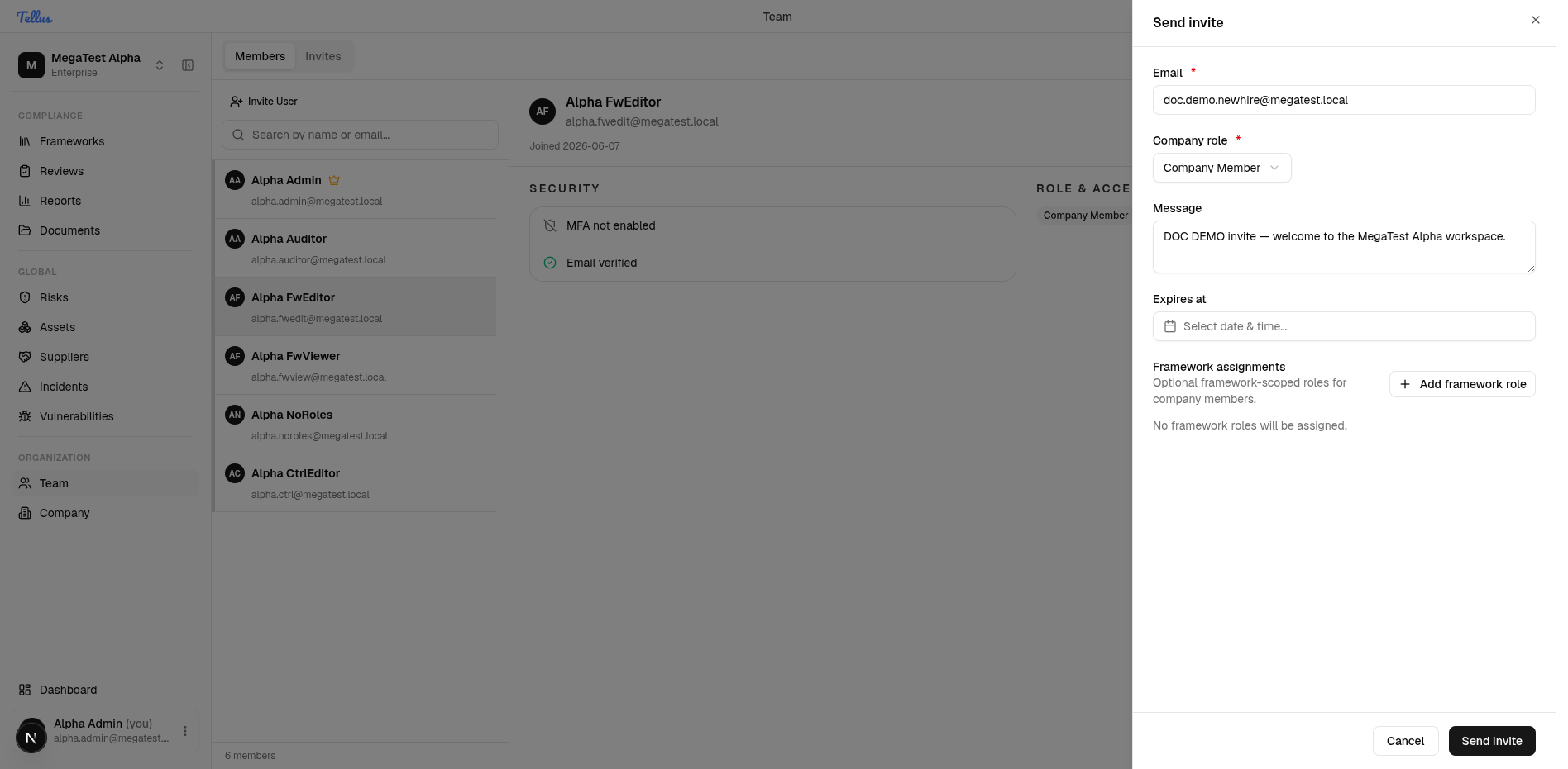 The Send invite panel filled out with an email, message, and the Company Member role