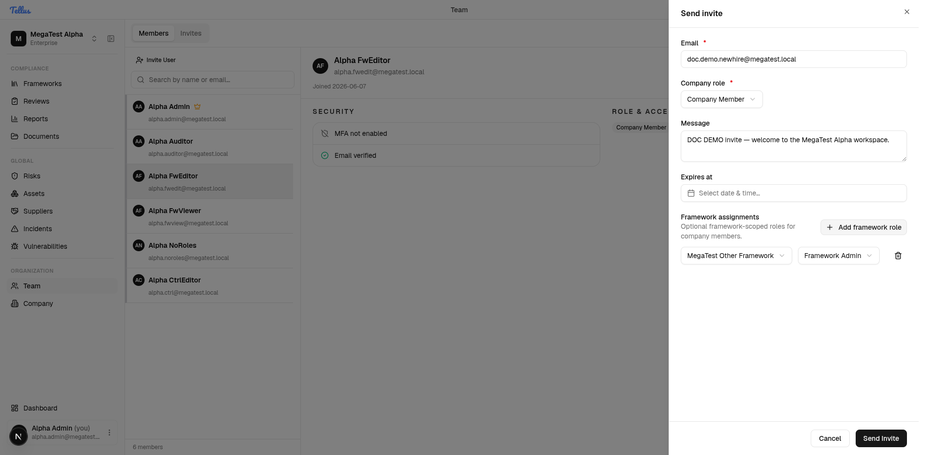 The Send invite panel after adding a framework role, pairing a framework with a scoped role