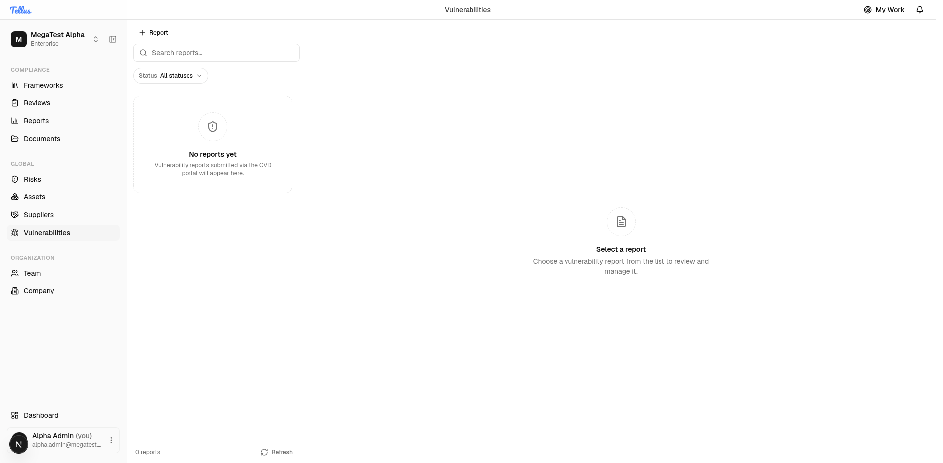 The Vulnerabilities register with the report list and detail pane